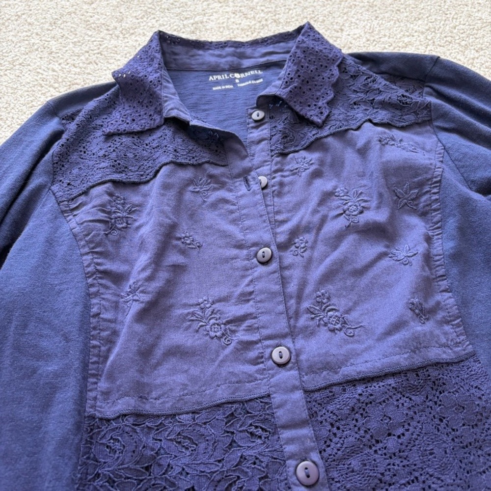 April Cornell‎ Tunic Womens S Blue Ruffle Lace Boho Cottage Collared Relaxed - Picture 2 of 11